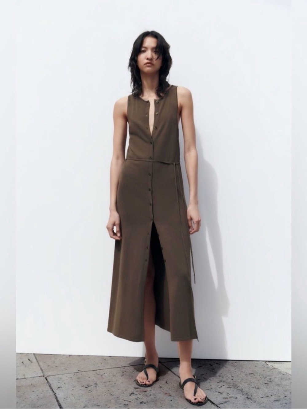 Zara knit midi button down dress Olive brown color NEW NWOT US medium minimalist